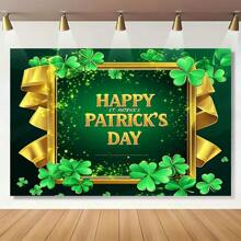 1 片节日背景 - 聚酯纤维，易于悬挂的窗帘，带有绿色三叶草和金色丝带，非常适合节日摄影和庆祝装饰 - 彩色 - 查看 1