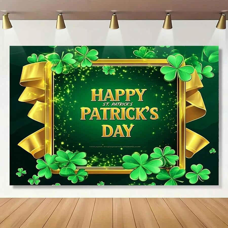 1 片节日背景 - 聚酯纤维，易于悬挂的窗帘，带有绿色三叶草和金色丝带，非常适合节日摄影和庆祝装饰 - 彩色 - 查看 1