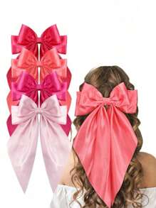 4pcs Women Satin Bow Hair Clips, Solid Color Bowknot Long Ribbon Hairpin Hair Accessories - Multicolor - View 7