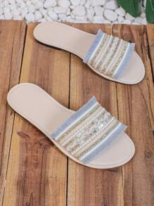1 双加大码彩色面料拼接串珠波西米亚风格平底凉鞋，适合少女和女孩，圆头，防滑，舒适，适合室内/室外、日常穿着、度假、夏季 - 藍白色 - 查看 3