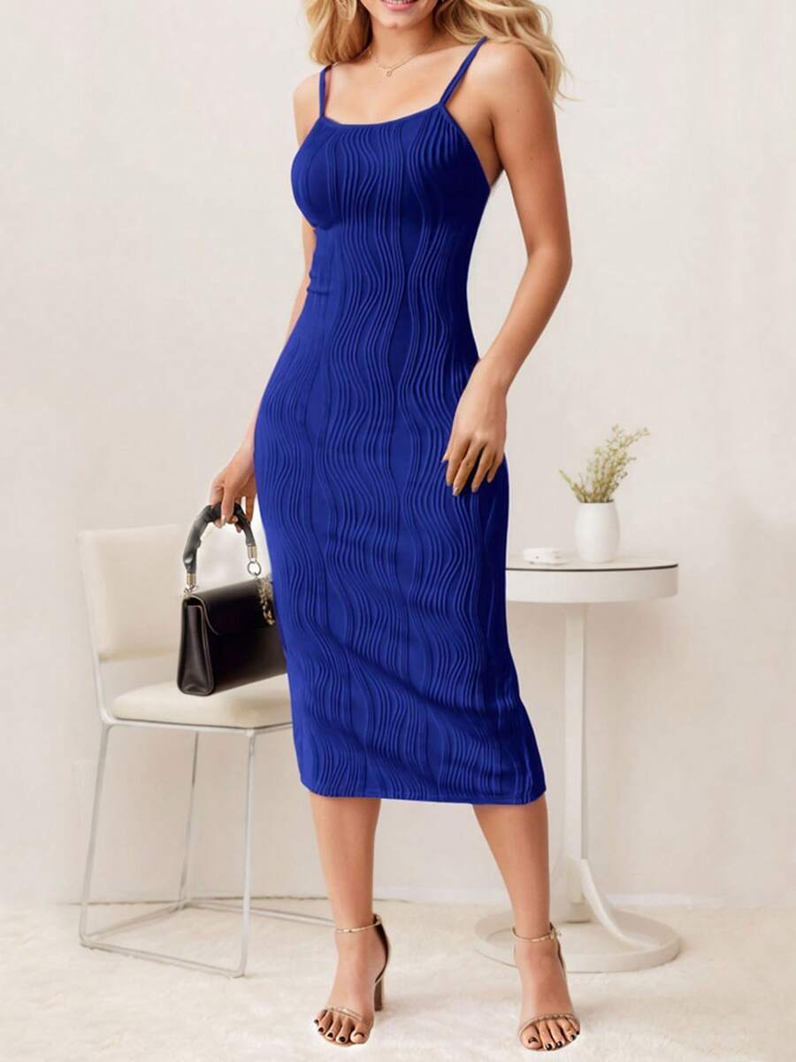 tooluck Women's Sexy Midi Bodycon Dress Spaghetti Strap Sleeveless Knit Party Tight Fitted Dresses - 藏蓝色 - 查看 1