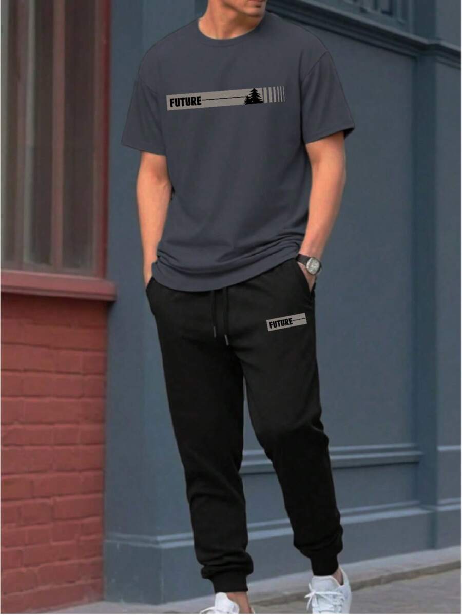 2pcs/Set Men's Creative Tree Of Hope English Graphic Casual Loose Short Sleeve T-Shirt And Drawstring Long Pants Set, Suitable For Street, Outdoor, And Daily Wear - Grey - View 1
