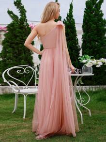 EVER-PRETTY Abito da damigella d'onore a-line in tulle con fiocco e nastro su una spalla, romantico