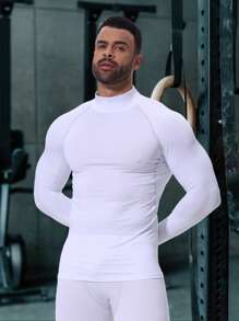 高弹速干压缩高领长袖紧身健身衫，男士高领长袖运动衫，透气运动跑步上衣，防晒白色春季款 - 白色 - 查看 2