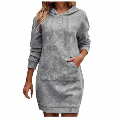 Womens Kangaroo Pocket Drawstring Hooded Dress,Casual Long Sleeve Texture Hoodies Sweatshirts Fall