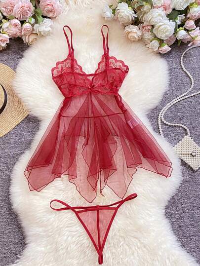 2 Stück Sexy Damen Dessous Set, durchsichtiges Mesh durchsichtiges Nachthemd Negligé, Rave