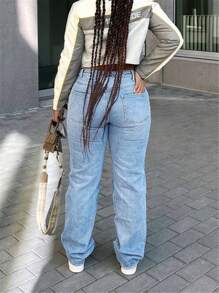 Women's Loose Fit Straight Leg Denim Pants - Pearl Studded, Classic Zipper & Button, No Stretch(The Size Is Slightly Small; It Is Recommended To Order One Size Up.) - 中等水洗藍 - 查看 5