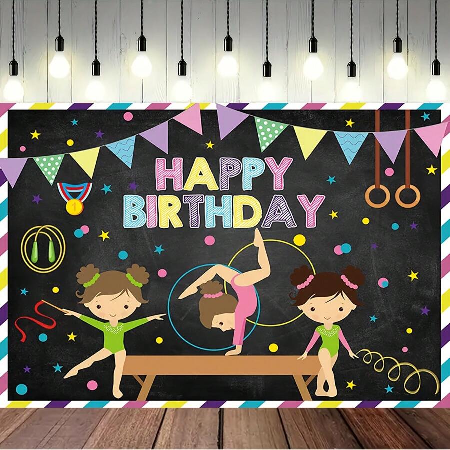 1 pieza Fondo fotográfico temático de fiesta de cumpleaños de niña enérgica con gimnasia, decoración de mesa de pastel, mantel, cortina