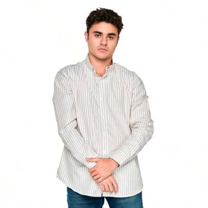 MOONKEY Camisa Hombre Casual Manga Larga a Rayas Beis con Blanco