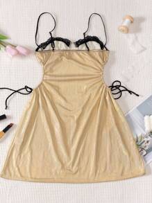 1pc Metallic Gold Elastic Hollow Out Drawstring Sexy Nightgown With Spaghetti Straps - Apricot - View 7