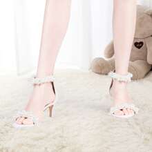 Women's Open Toe Wedding Bridal Dress Shoes Pearl Low Kitten Heel Ankle Strap High Heeled Sandals - White - View 3