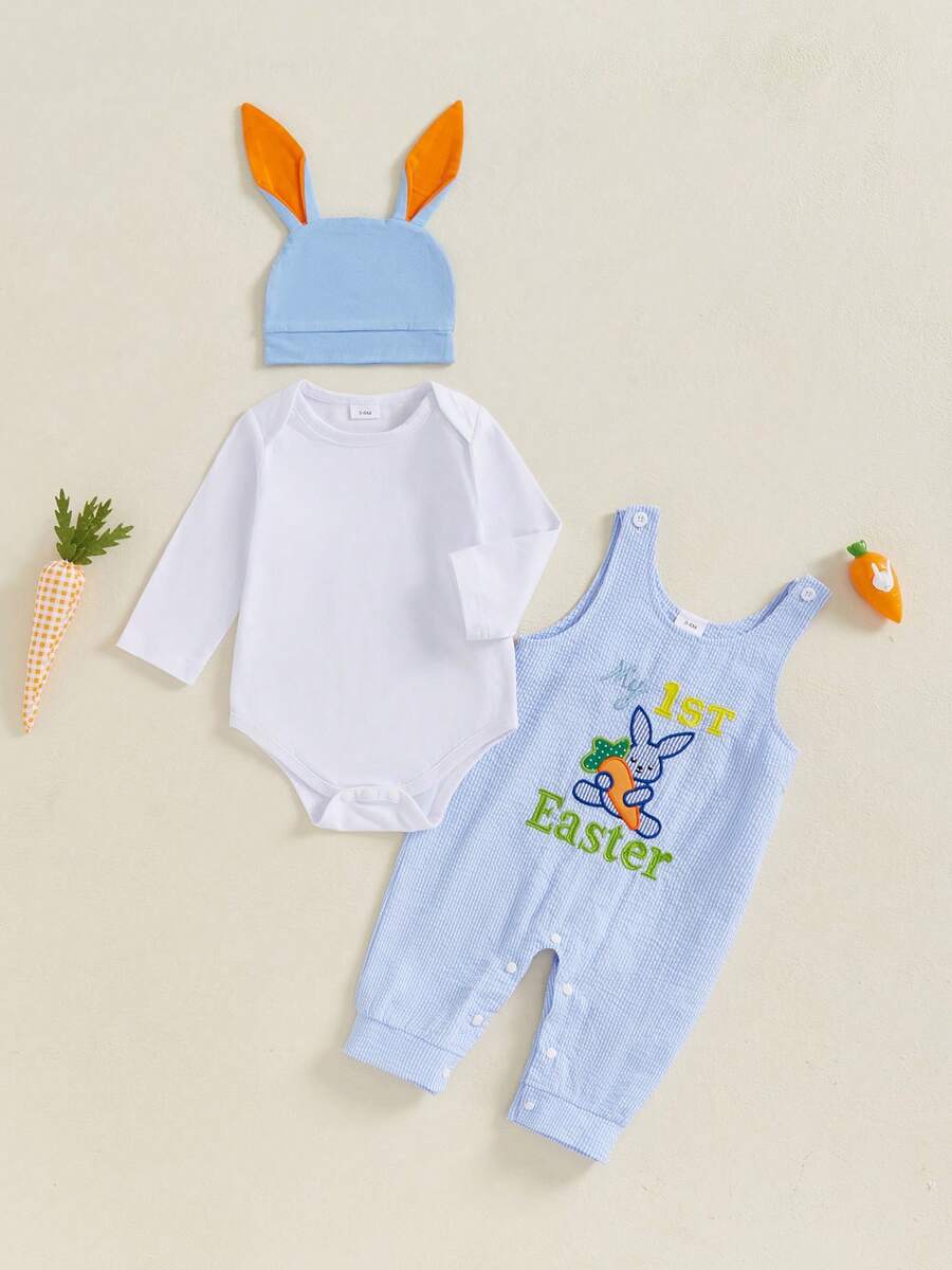 Newborn Baby Boy My First Easter Outfit Long Sleeve Romper Bunny Embroidery Plaid Overalls Jumpsuit Rabbit Ears Hat 3 Piece Spring Set - White - View 1