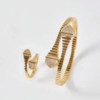 2 件/套锆石经典十字交叉三角形镀金色手镯和戒指套装，适合女士日常佩戴