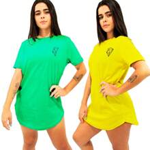 Tropicaos Kit 2 Camisetas Oversized Tapa Bumbum Feminina Longline Estampada Academia Fitness 100% Algodão - Verde e Amarelo - Visão 2