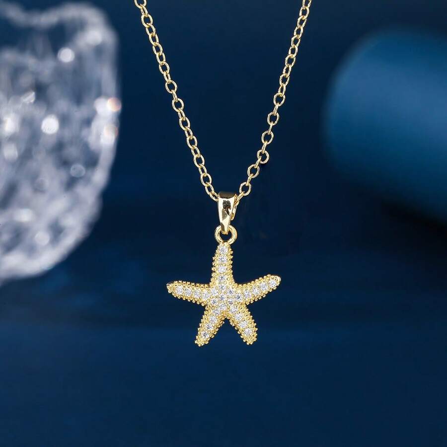 1 件奢华镀金铜水晶海星项链，时尚项链礼物，适合女性日常佩戴 - 金黃色 - 查看 1
