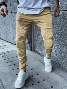 Men's New Ripped Distressed Denim Jeans, Black Stretch Casual Pants - Khaki - View 3