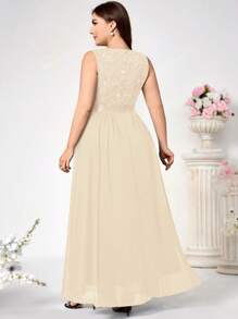 Plus Deep V Neck Sequin Floral Lace Chiffon Sleeveless Formal Party Maxi Dress