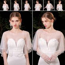时尚蕾丝新娘婚纱披肩柔软派对夹克披肩仿珍珠斗篷连衣裙装饰透明宝石领女士连衣裙秋季女士服装 - 白色 - 查看 6