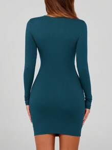 Women Fall Bodycon Dress Long Sleeve Crew Neck Slim Fit Mini Dress Autumn Party Club Cocktail Date Holiday Valentine Short Mini Dress Outfits - 靛藍 - 查看 2