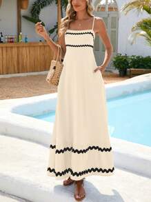 Women's Summer Flowy Dress Casual Sleeveless Beach Holiday Dress With Thin Straps - 淺米色 - 查看 3