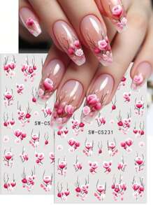 3D 粉白花朵指甲贴纸 2 件浪漫渐变蕾丝玫瑰花瓣设计 DIY 春夏自粘凝胶抛光贴花滑块美甲装饰
