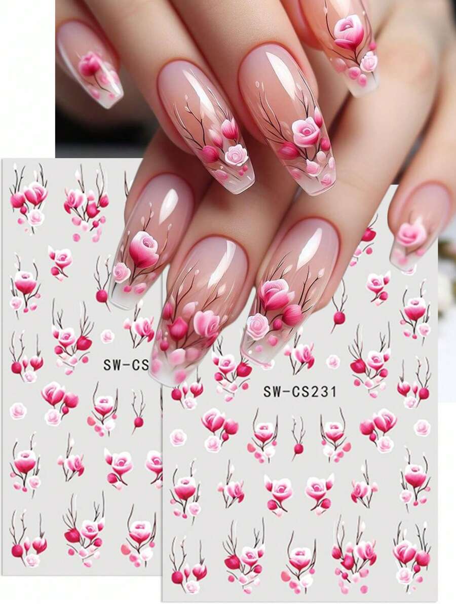3D 粉白花朵指甲贴纸 2 件浪漫渐变蕾丝玫瑰花瓣设计 DIY 春夏自粘凝胶抛光贴花滑块美甲装饰