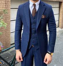 Retro Men's Herringbone Tweed Suit 3 Piece Set Wool Suits 1920's Themed Wedding Suit Vintage Style Groom Tuxedos Set Prom Jacket Blazer Vest Pants - 藍色 - 查看 1