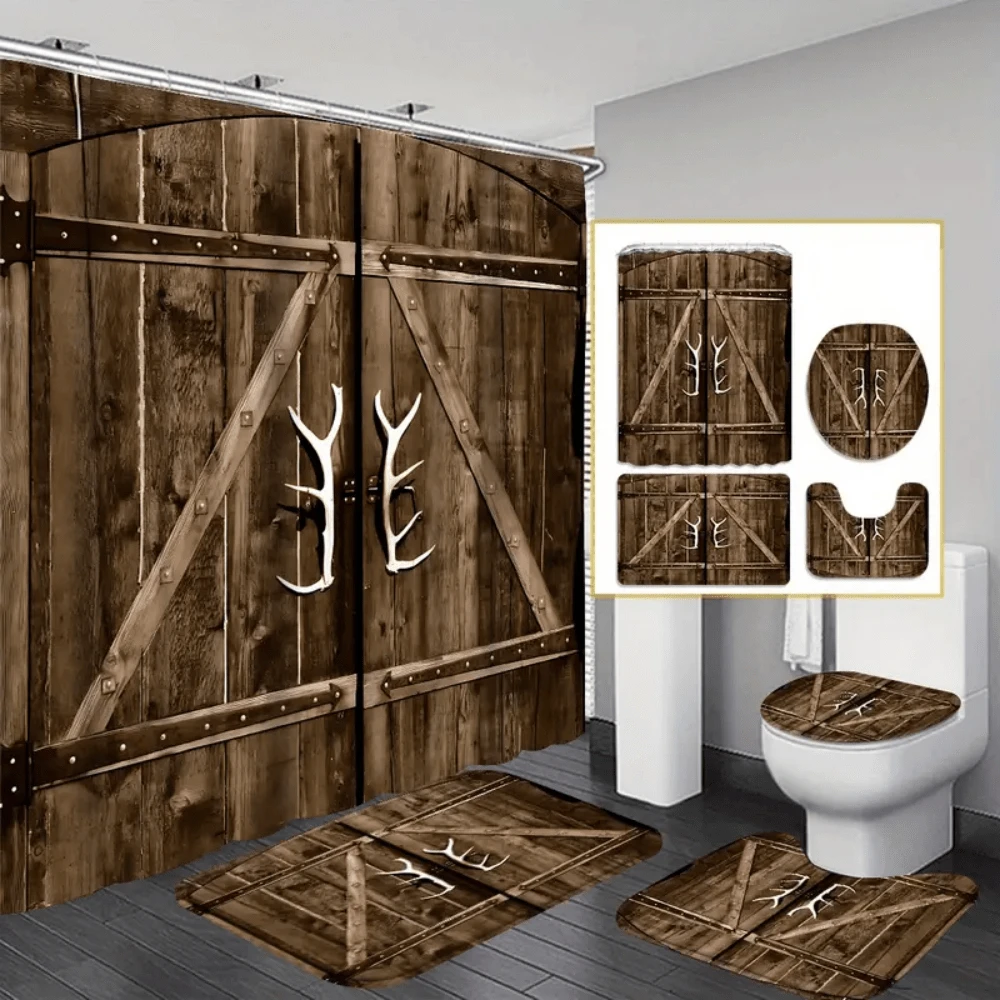 4pcs Wooden Door Antler Handle Shower Curtain Gift Modern Home Bathroom Decoration Curtain And Toilet Floor Mat 3pcs Set With 12 Shower Curtain Hooks Bathroom Accessories Back To School Fall Decor