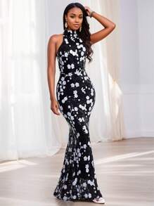 Romagic 女士火花花朵亮片奢华 O 领无袖性感度假装，女士礼服晚会礼服，长款紧身鸡尾酒会舞会夏季礼服，婚礼宾客礼服，正式礼服 - 黑與白 - 查看 7