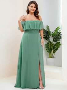 EVERPRETTY Vestido formal de dama de honor con hombros descubiertos y abertura en el muslo para tallas grandes - Verde - Ver 4