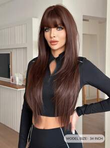 NICKY WALL 超长棕色分层假发，配有齐刘海，合成直发假发，自然柔软，高密度耐热纤维假发，适合时尚女性和女孩日常派对使用，34 英寸