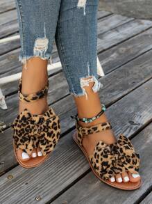 Women's Cute Bow Flat Sandals, Leopard Print Elegant Open Toe Sandals, Casual Outdoor Beach Slippers