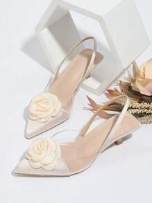 女士时尚、优雅、舒适的尖头杏色花卉装饰简约高跟鞋，优雅猫跟，适合派对、婚礼等场合。 - 杏色 - 查看 8