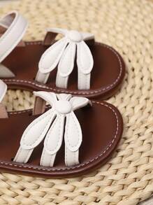 1 Pair Girls Striped PU Hook And Loop Strap Design Flat Cute Sandals, Suitable For Summer