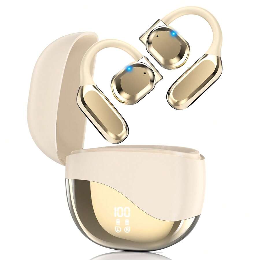 人工智能翻译耳塞实时,耳塞翻译器,语言翻译耳机,HiFi 音效,144 种语言,适用于旅行、商务、音乐、学习,适用于苹果手机、iPad、笔记本电脑,适用于 IOS、Android 用户,适合家人、朋友、孩子、生日、春天、男朋友、女朋友、节日、复活节 2034 的时尚无线耳塞带 LED 显示屏 - 触摸控制,入耳式耳机,无线耳塞运动音乐游戏 - 金色 - 查看 1