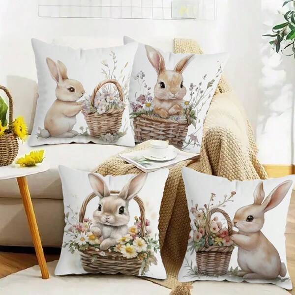 MEMNUN 1 Coperta cuscino con coniglietto di Pasqua e cestino di fiori, 45x45 cm, stampa su un solo lato, federa in poliestere con zip per decorare casa, ufficio e auto - Multicolore (senza imbottitura)