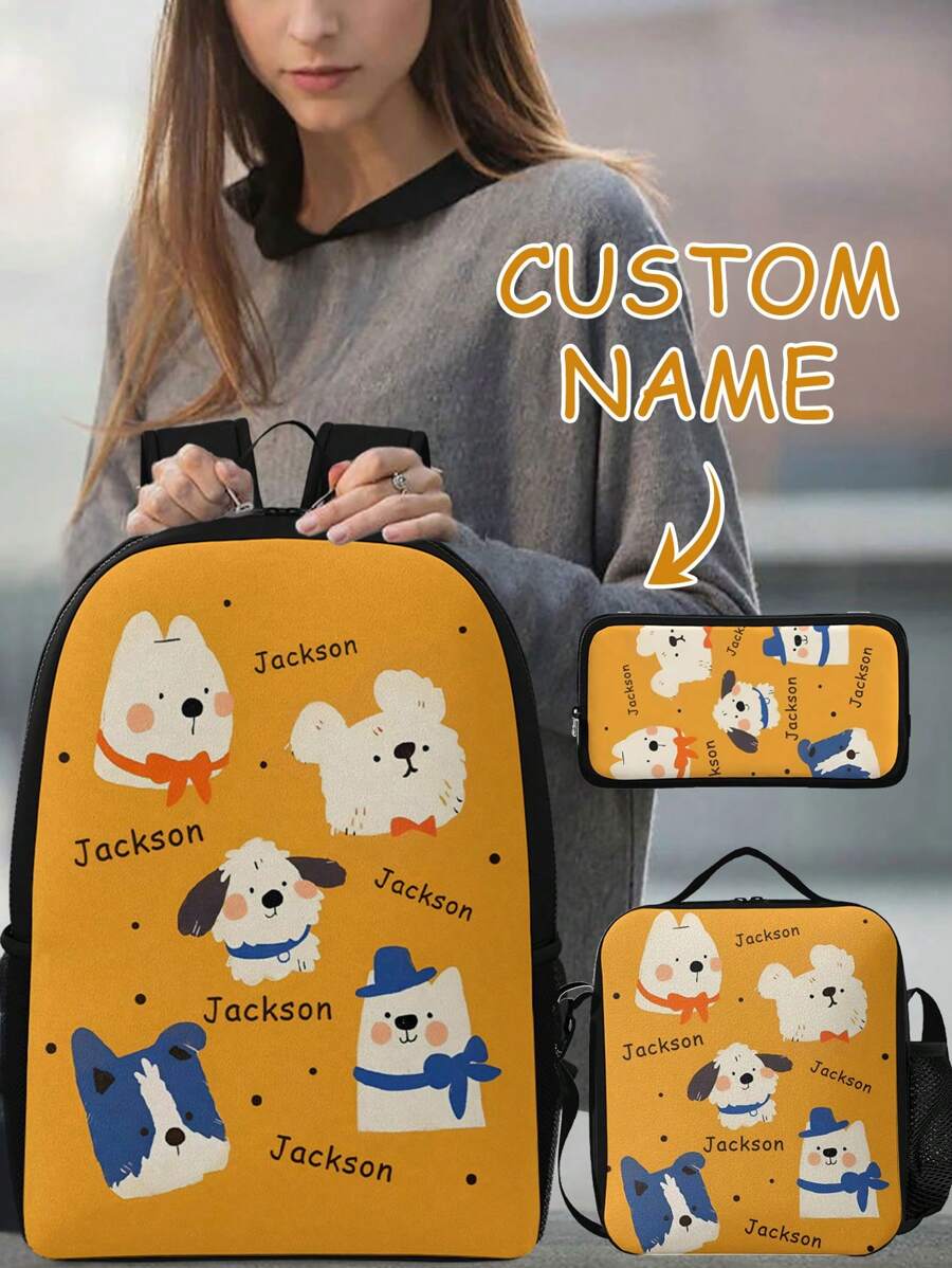 1套定制名字背包3件套，3件套包括（定制背包，定制午餐袋，定制铅笔盒），卡通动物印花3件套，适合旅行，学校，工作，牛津材料，防缩水和可拉伸 - 彩色 - 查看 1