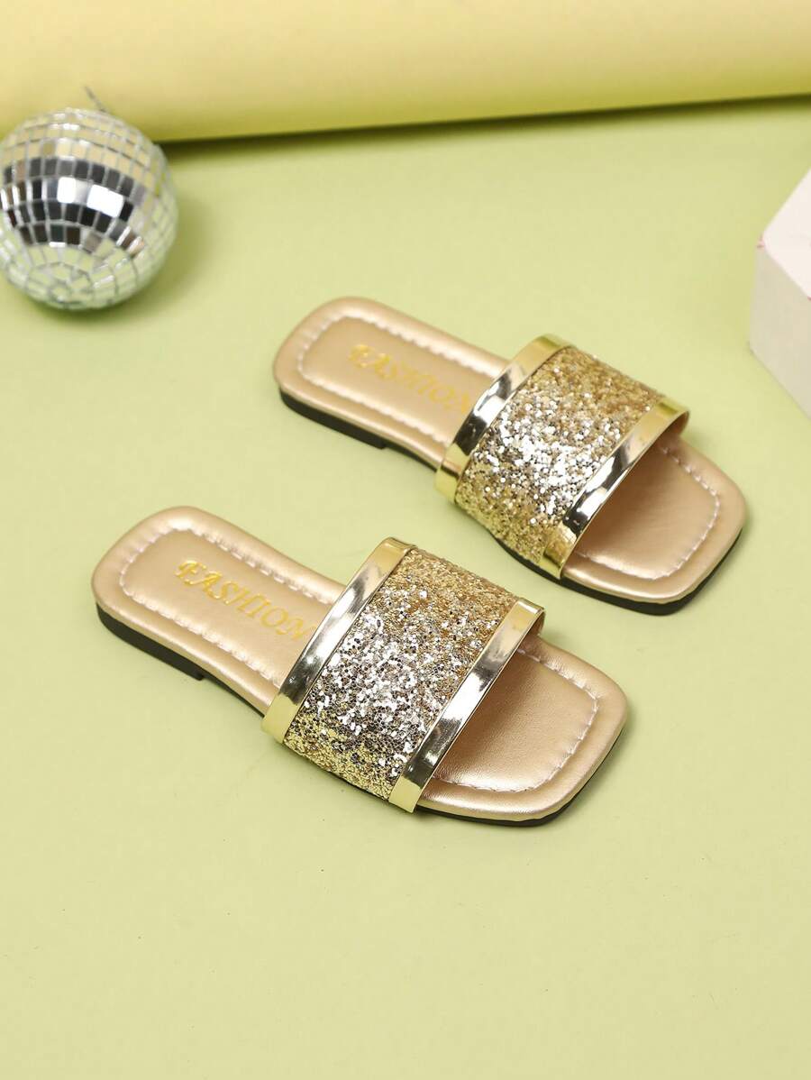 1 Pair Plus Size Gold Glitter Toddler/Girls' Fashion Slide Sandals, Open Toe, Flat, Non-Slip, Cute Roman Style, Suitable For 3-15 Years Old Girls, Daily, Casual, Travel, Spring/Summer - Gold - View 1