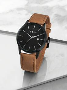 TOMI 1 件锌合金皮革表带手表，时尚简约设计，适合青少年，是日常生活和节日礼物的理想选择 - 棕色 - 查看 3