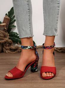 2025 春夏新款女士凉鞋，黑色系带露趾性感法式粗跟中跟踝带时尚百搭高跟鞋 - 紅色 - 查看 7