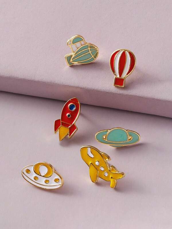 Set de 6 broches de la serie aeroespacial - Avión, dirigible, cohete, globo aerostático, platillo volador, broches de alfileres OVNI, accesorios para mochila