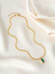 1 件女式项链，简约分层风格不锈钢扁平链配绿色锆石矩形吊坠，百搭日常佩戴和礼品配饰