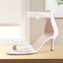 Women's Open Toe Wedding Bridal Dress Shoes Pearl Low Kitten Heel Ankle Strap High Heeled Sandals - White - View 5