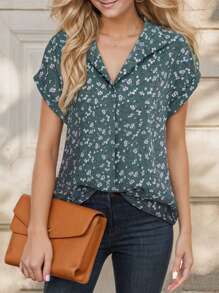 Women's Short Sleeve Casual Printed Lapel Shirt Work Shirt Top - 綠色 - 查看 1