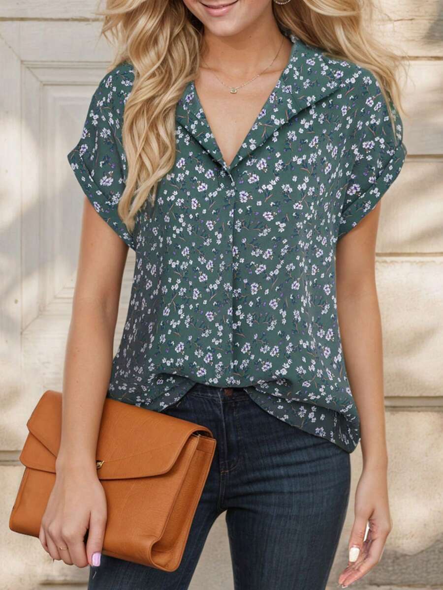Women's Short Sleeve Casual Printed Lapel Shirt Work Shirt Top - 綠色 - 查看 1