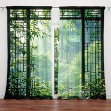 2 件装精美中式窗户印花窗帘，适用于家居装饰 - 适用于卧室、办公室、厨房、客厅和书房的带杆口袋窗户装饰 - 綠色 - 查看 10
