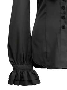 Women Vintage Victorian Button Down Shirts Stand Collar Frilly Ruffle Gothic Punk Blouses Retro Flared Sleeve Tops - màu đen - Xem 4