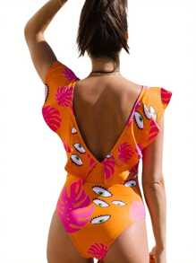 Female One-Piece Swimsuit Eyes Leaves Print V-Neck Sleeveless Ruffle Swimwear For Women, S/M/L/XL - Orange - View 7