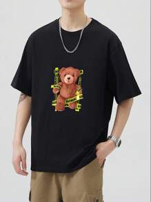 Una camiseta masculina estampada de oso de peluche de cuello redondo blanco de verano - Negro - Ver 4