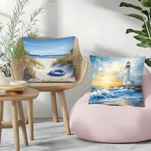 4pcs 17.7*17.7in (45*45cm) White Lifesaver, Chaise Lounge, Balloon, Lighthouse, Bicycle Printed Polyester Pillow Case [Single-Sided Print][Pillow Insert Not Included] Home Couch Bed Headrest Cushion Cover, Suitable For Daily Use, Home Decor, Living Room, Bedroom, Car